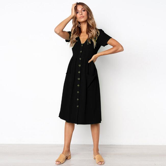 V-Neck Button Dress with Pockets