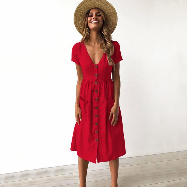 V-Neck Button Dress with Pockets