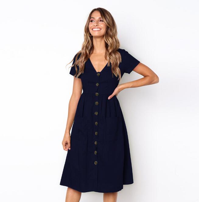 V-Neck Button Dress with Pockets