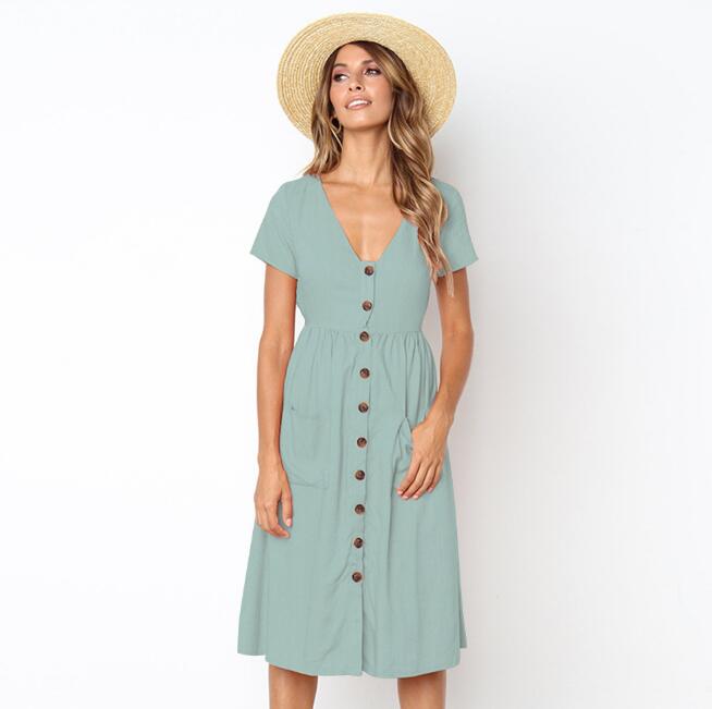 V-Neck Button Dress with Pockets