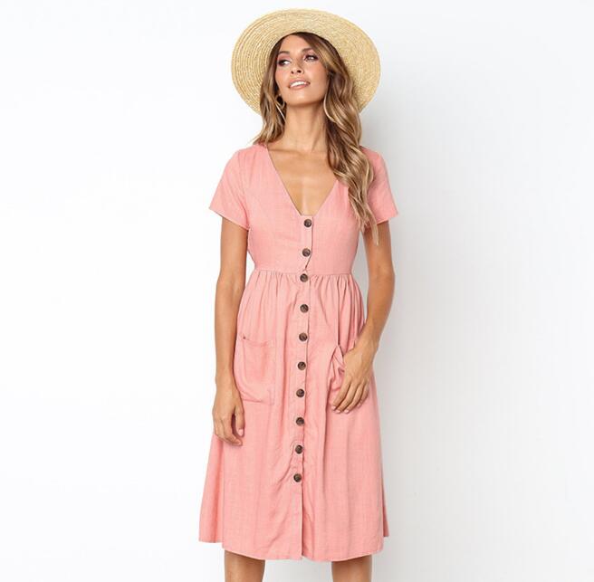 V-Neck Button Dress with Pockets