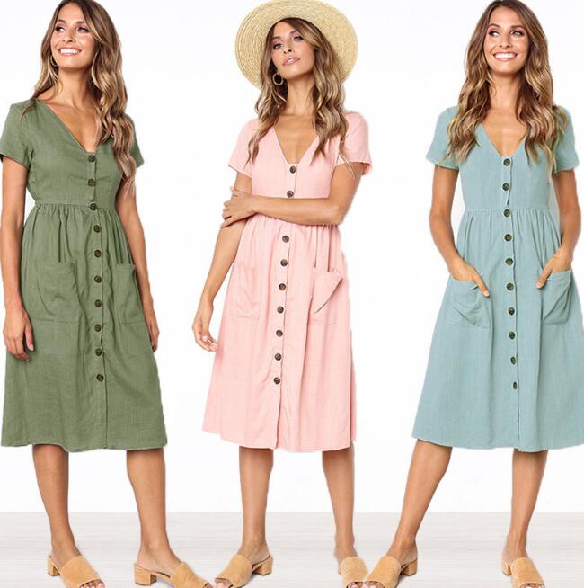 V-Neck Button Dress with Pockets