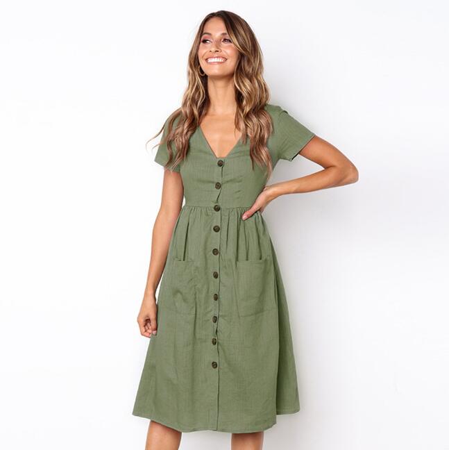 V-Neck Button Dress with Pockets
