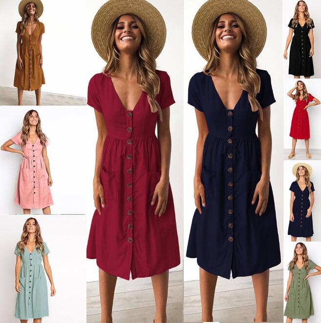 V-Neck Button Dress with Pockets