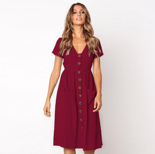V-Neck Button Dress with Pockets