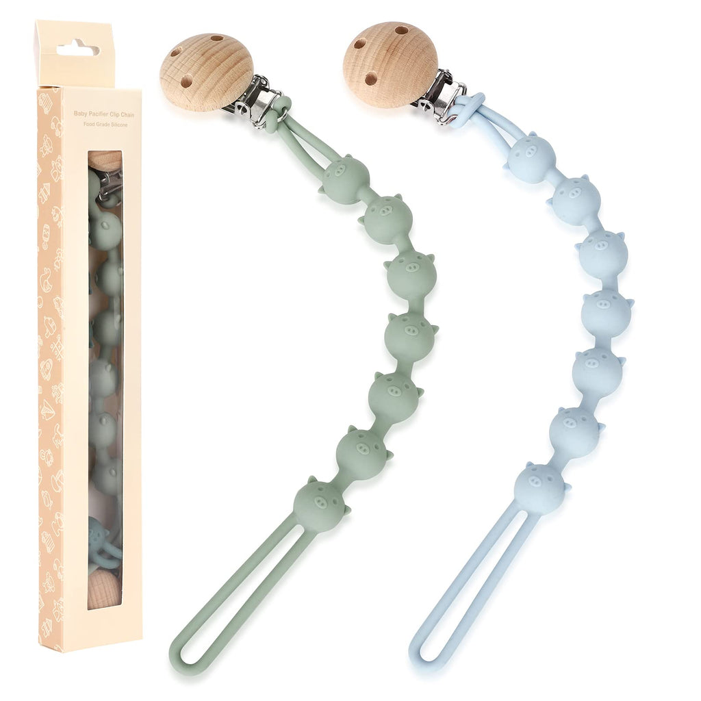 Nupoopy Pacifier Clips 2 Pack Silicone Pacifier Holder with One Piece Design BPA Free Pacifier Chain with Clip for Binky&Teether Toys Best Newborn Shower Gift for Boy 3 Month+ Sage Ether