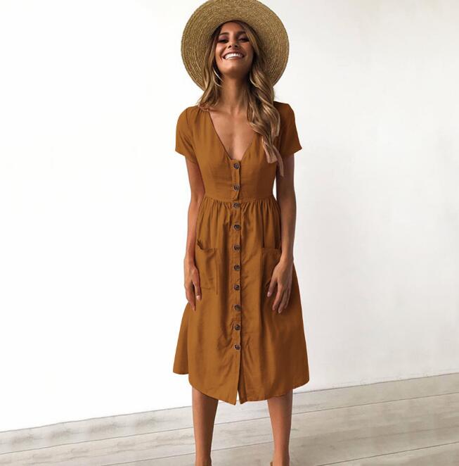 V-Neck Button Dress with Pockets